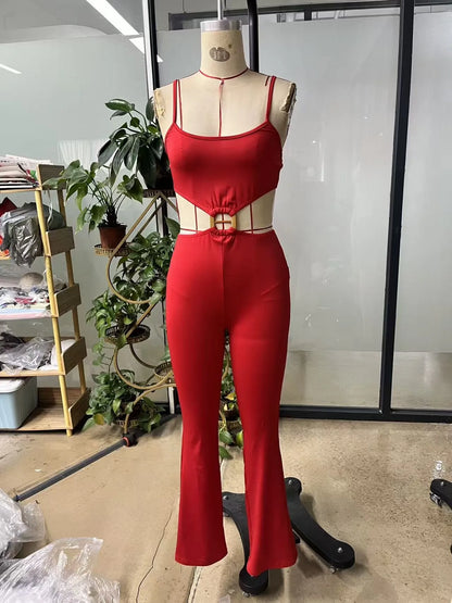 Summer Woman Jumpsuit Red Backless Jumpsuits High Waist Flared Leg Women's Elegant Romper Black Cut Out Waist Long Jumpsuit