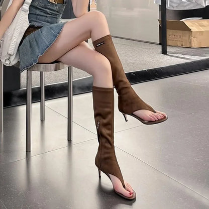 2025 Black Open Toe Clip-On Knee Boots Women's Modern Booties Thin Low Heel Side Zip Spring Summer Party Heels Sandals