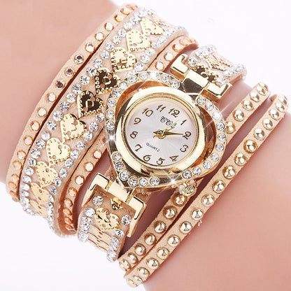 Fashion Rhinestone Heart Dial Women Watches Long Velvet Band Wristwatch