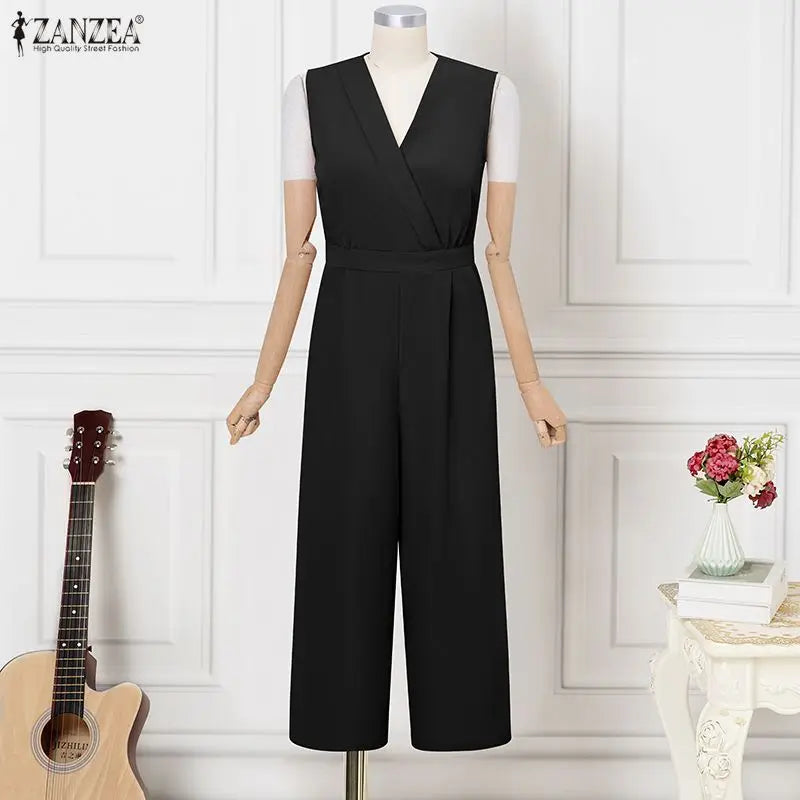 ZANZEA Women Jumpsuits Solid Sleeveless V Neck Rompers Elegant Office Ladies Clothing European Bottoms Pockets Casual Overalls