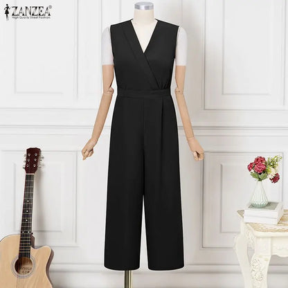 ZANZEA Women Jumpsuits Solid Sleeveless V Neck Rompers Elegant Office Ladies Clothing European Bottoms Pockets Casual Overalls