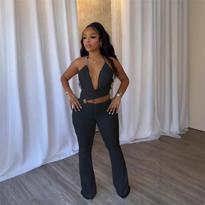 Doyerl Halter V-neck Backless One Piece Jumpsuit Women Sexy Hollow Out Sleeveless Night Club Outfits Birthday Rompers Overalls