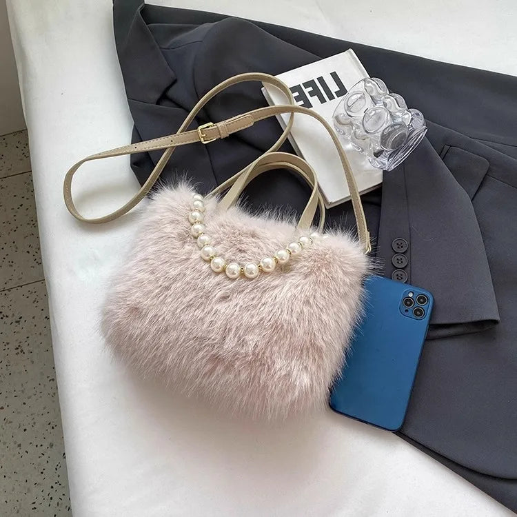 Winter Fashion Faux Fur Crossbody Bags for Women's Gift, Pearl Chain Decor Shoulder Bag, Ladies Handbags Top-handel Bag
