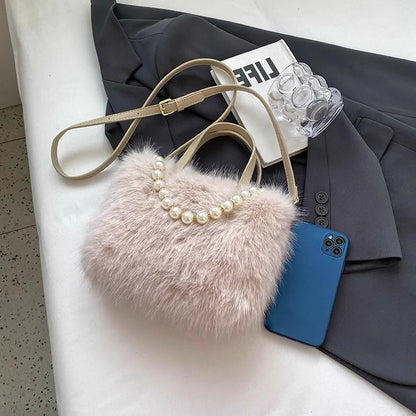Winter Fashion Faux Fur Crossbody Bags for Women's Gift, Pearl Chain Decor Shoulder Bag, Ladies Handbags Top-handel Bag