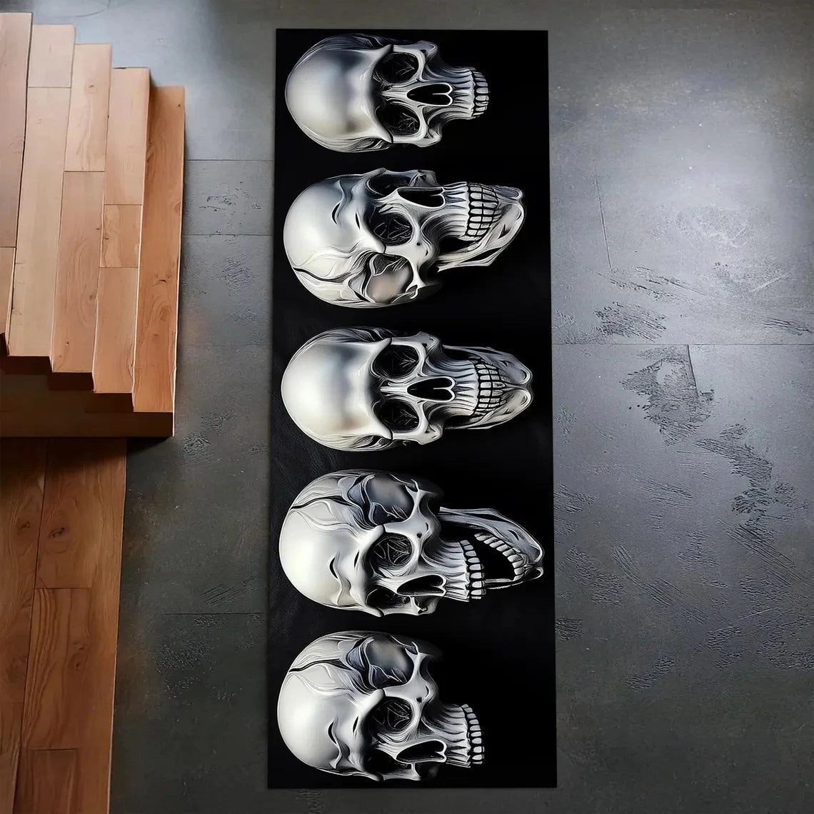 Gothic Skull Runner Rug, Dark Horror-Themed Long Hallway Carpet, Black Aesthetic Skeleton Skull Floor Mat for Bedroom or Studio