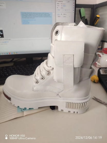 2025 White Men's High-Top Winter Velvet Warm British Medium Motorcycle Thick-Soled Boots