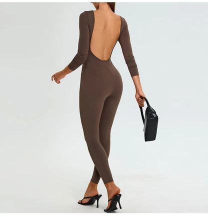 New Summer Sexy V Back Gym Sports Jumpsuit Yoga Clothes Rompers Women Long Sleeveles Workout Bodysuits Backless One-piece Suit