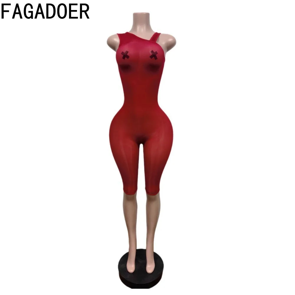 FAGADOER Sexy Asymmetric One Shoulder Bodycon Rompers Women's Summer Fashion Solid Color Jumpsuits Night Party Club Playsuits
