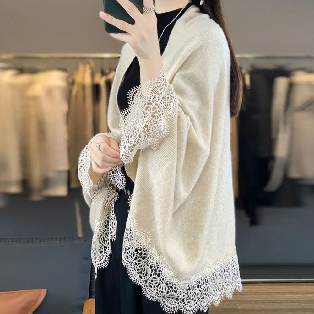 Fashion Women Wool Knitted Shawl Skin Friendly Breathable Lace Edge Scarf Spring Autumn Luxury Brand Design Cloak Shawl