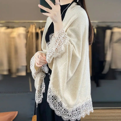 Fashion Women Wool Knitted Shawl Skin Friendly Breathable Lace Edge Scarf Spring Autumn Luxury Brand Design Cloak Shawl