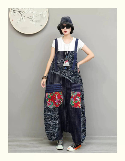 Unique Niche Women Cotton-linen Patchwork High-waist Overalls Large Pockets Sleeveless Jumpsuit LX6266