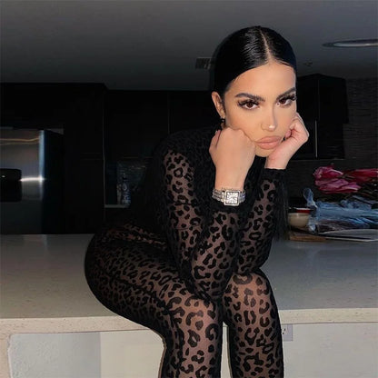 Leopard Print New Women's Jumpsuit Slim Long-sleeved Sexy Flocked See-through Slimming Jumpsuits For Woman Комбинезон Женский
