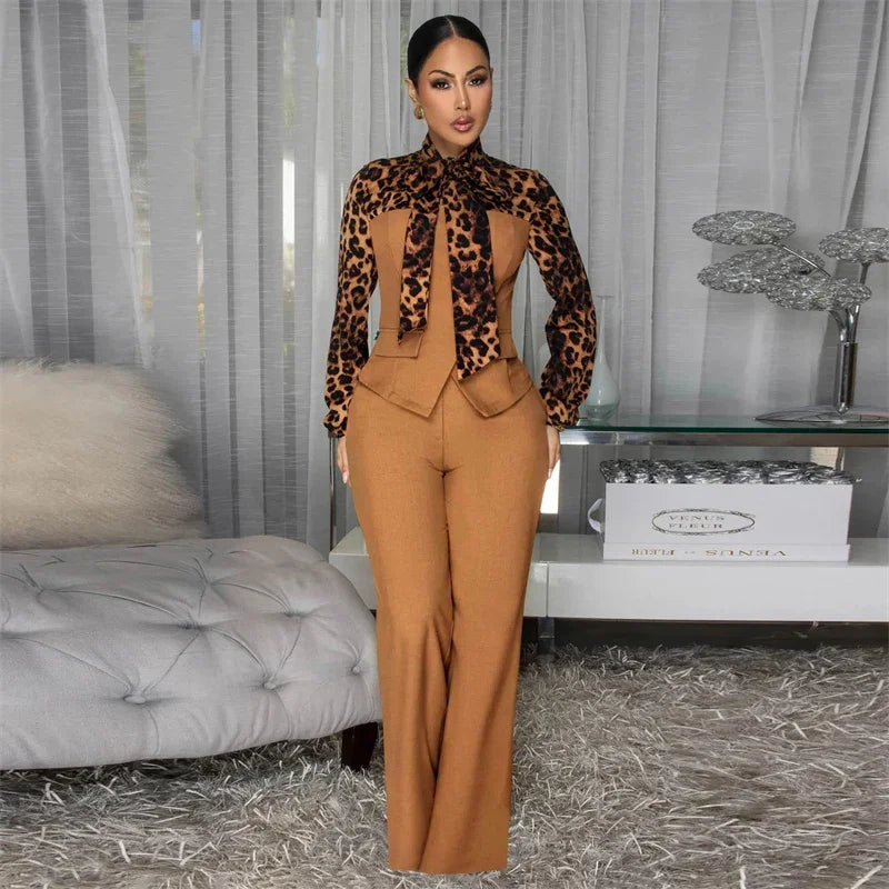 Doyerl Leopard Patchwork Shirt Style Jumpsuits Woman Elegant Vintage Long Sleeve High Waist One Piece Rompers Women Jumpsuit
