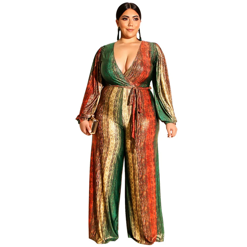 New Plus Size Women Jumpsuits Elegant V Neck Long Sleeve Rompers Office Lady Straight One Piece Outfits Wholesale Drop Shipping