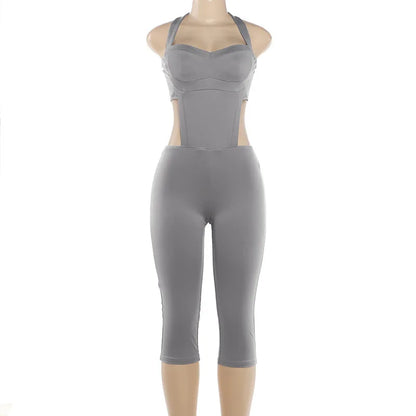 Women Fashion Sexy Hollow Out Halter Backless Skinny Knee Length Jumpsuits Solid Strapless Booty Lifting Slim cASUAL oVERALLS