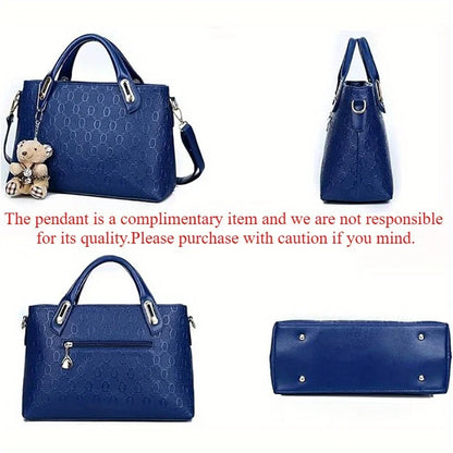 4 Pcs Women Handbag Set Embossed Pattern PU Leather Tote Bags Fashion Chain Shoulder Crossbody Bag Ladies Wallet Card Holder Purse With Bear Pendant Daily Shopping Handbags