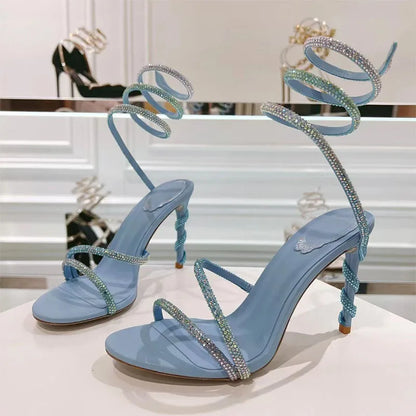 Luxury High Heels Sandals Woman Rhinestone Snake Twine Around Ankle Strap Wedding Shoes Stiletto Summer Gladiator Sandals Women