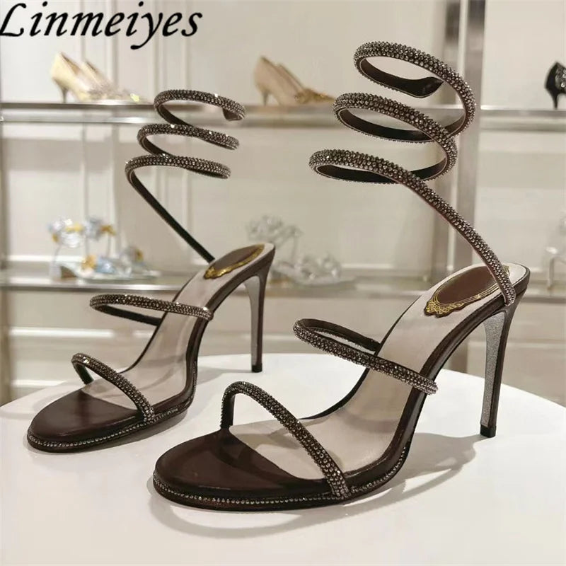 Summer Crystal Gladiator Sandals Women Rhinestone Twine Around Ankle Snake Wedding Shoes High Heels Sandals Woman