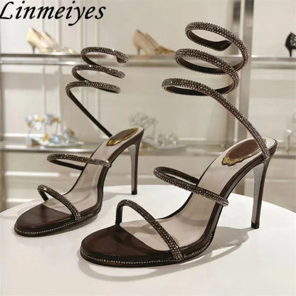 Summer Crystal Gladiator Sandals Women Rhinestone Twine Around Ankle Snake Wedding Shoes High Heels Sandals Woman