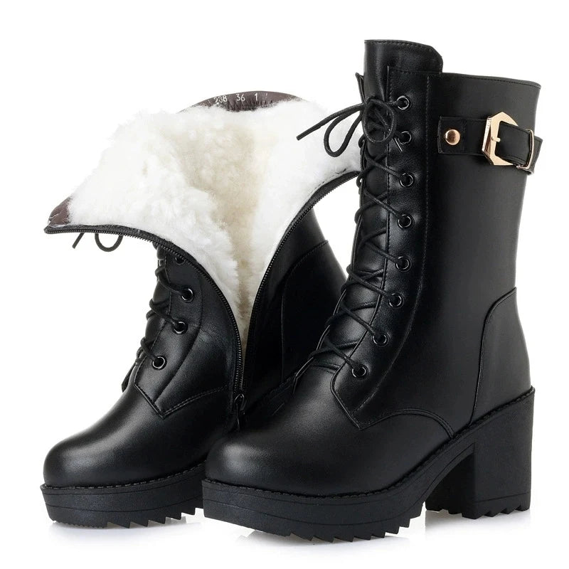 WOIZGIC Female Mother Ladies Women's Snow Genuine Leather Ankle Shoes Boots Warm Fur Plush Wool Zipper Lace Motorcycle Mid Calf