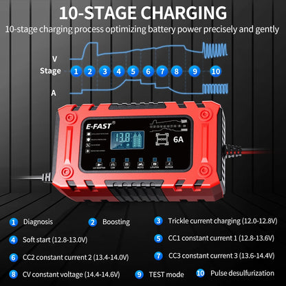 Smart 12V 6A Battery Charger For AGM LiFePO4 Cars Motorcycles Lawn Mowers
