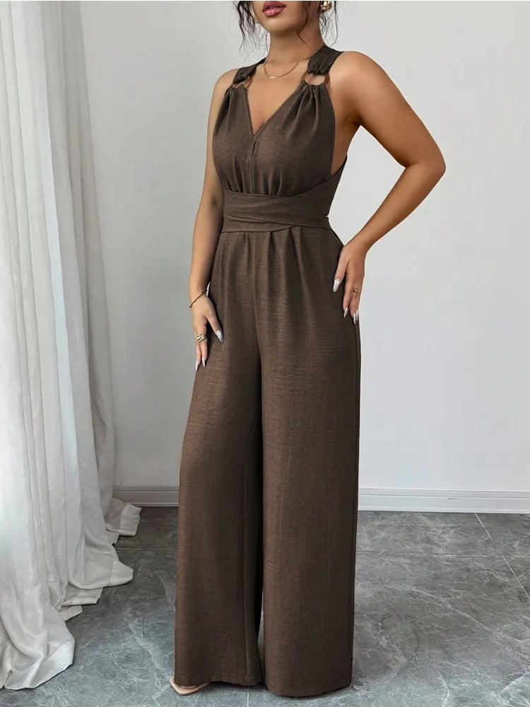 2026 New Women Wide Leg Jumpsuit Women's Jumpsuits And Rompers Halter V Neck High Waist Backless Casual Vacation Outfits