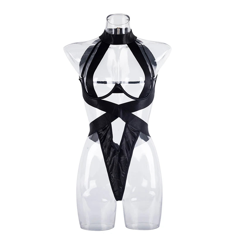 Black Halter Sexy Lingerie Women Bandage One Piece Bra Sets Erotic Costumes Teddy Baby Doll Dress Push Up Underwear Set Bodysuit
