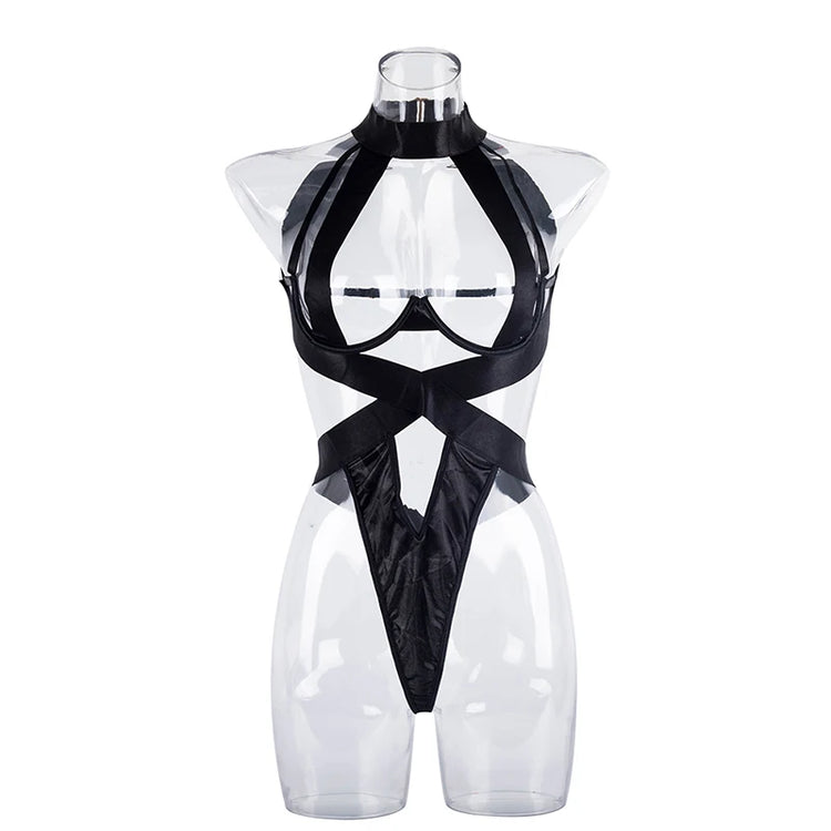 Black Halter Sexy Lingerie Women Bandage One Piece Bra Sets Erotic Costumes Teddy Baby Doll Dress Push Up Underwear Set Bodysuit