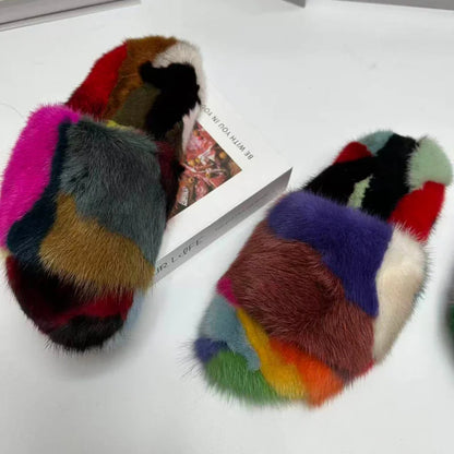 Winter Women'S Slippers Home Plush Woman Shoes Indoor Mink Fur Patchwork Color Slippers Irregular Random Seven Color Slippers