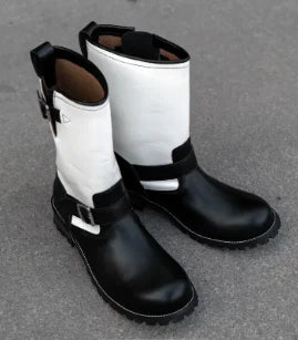 Retro Style Round Toe Belt Buckle Mid-Calf Platform Men Motorcycle Boot Chunky Middle Heels Buckle Strap Design Large Size Shoes