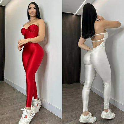 Sexy Strapless Corset Jumpsuit Women Sleeveless Backless Jumpsuits Skinny One Piece Romper Silver Bodysuit Summer Female Clothes