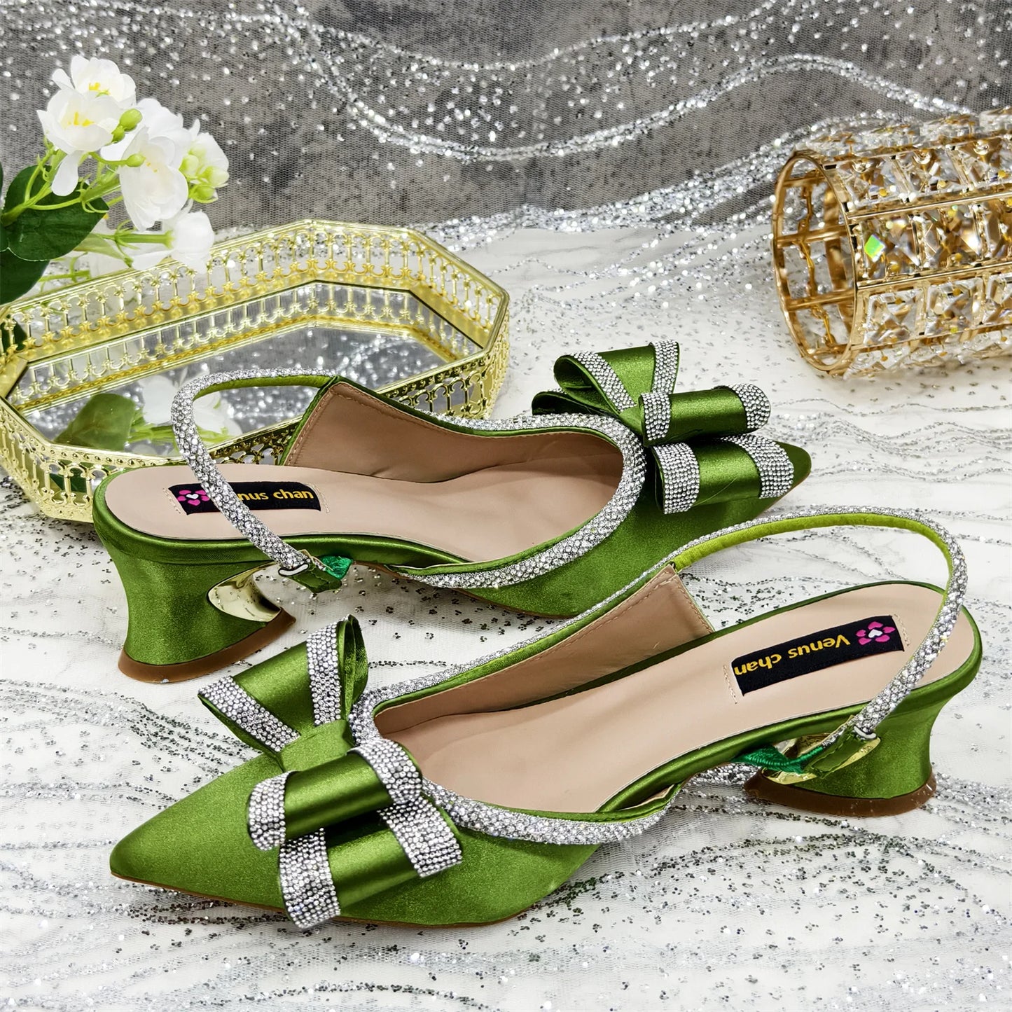 Elegant Gold Satin Rhinestone Bow Slingback Heel & Clutch Bag Set, Women Bridal Matching Kit For Wedding Party Evening Prom Form