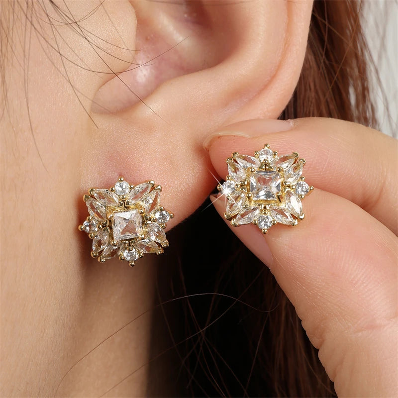 ZAKOL Luxury Flower Square Zirconia Stud Earrings For For Women Girls Gold Color Metal Crystal Ears Jewelry Wedding Festival