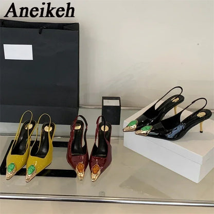 Aneikeh Street Style Design Metal Square Head Diamonds Woman Pumps Sandals Elegant Sexy Low-heel Banquet Prom Slingbacks Shoes
