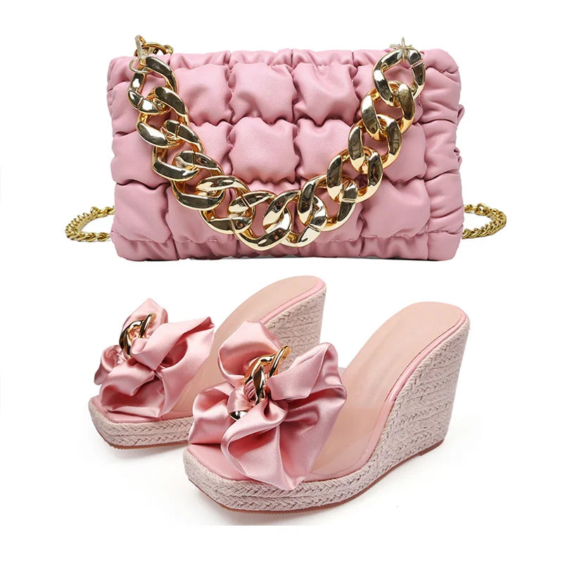 2026 New Style Designer Luxury Ladies Slippers Shoes Bag Set High Quality Women Pumps Chain Sandals Shoes Purse Set Black Heels