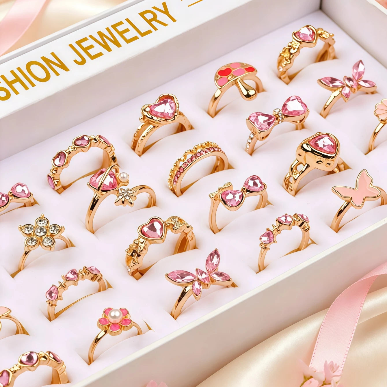 10Pieces Fashion Pink Rhineston Rings Set For Women Mix Style Butterfly Heart Love Open Adjustion Daily Jewelry Party Gifts