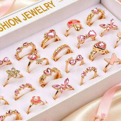 10Pieces Fashion Pink Rhineston Rings Set For Women Mix Style Butterfly Heart Love Open Adjustion Daily Jewelry Party Gifts