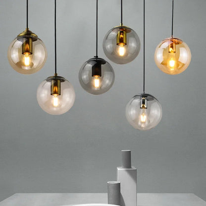 Modern Simple Glass Chandelier Bar Counter Restaurant Gold Hanging Lights Silver Metal Amber Ashtray Ball Glass Suspension Lamp