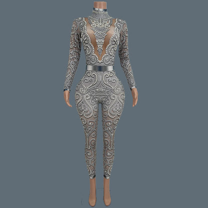 Women Sparkly Rhinestone Pearls Spandex Jumpsuit Nightclub Party Stage Performance Bodycon Wear Sexy Printing Jumpsuit Quanquan