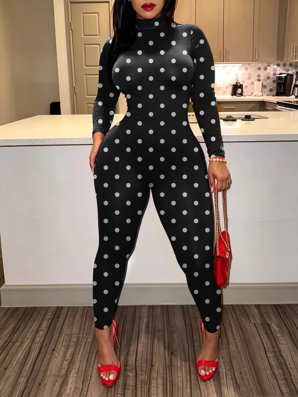 Sexy Women Polka Dot Bodycon Jumpsuit High Neck Long Sleeve Slim Fit One Piece Y2K Clubwear Party Outfit