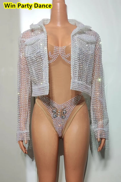 Mesh Fluorescent Full Diamond Slim Fit Hip Wrapped Jumpsuit Jacket Singer Model Nightclub Bar Performance Costume