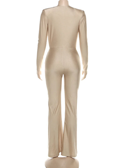 Weird Puss Cross Ruched Jumpsuit Women Patchwork Deep v-Neck Full Sleeve Elegant Skinny Stretch Workout Office Classic Overalls