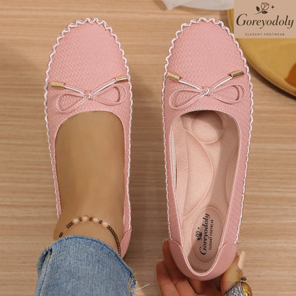 Goreyodoly Womens Casual Slip On Flats Woven Pattern Bow Breathable Lightweight Comfortable Daily Walking Shoes