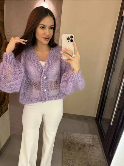 Women Knitting Cardigan 2026 New Women Mohair Knit Cardigan Hollow Out Sheer Long Sleeve Casual Knitted Outerwear Sweater