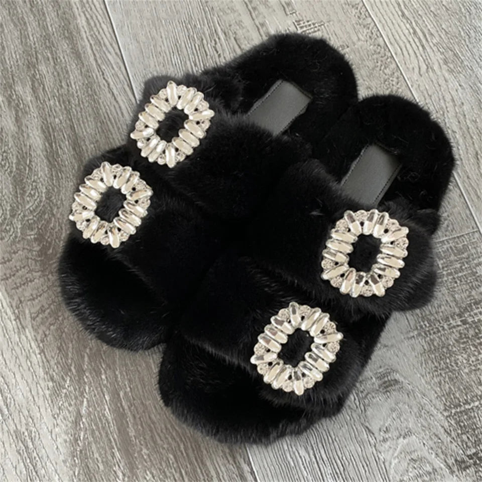 2025 New Women Fur Slippers Shoes Women Warm Winter Crystal Fur Shoes For Women Slippers Casual Plush Comfortable Mink Slippers