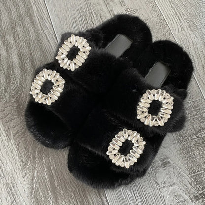 2025 New Women Fur Slippers Shoes Women Warm Winter Crystal Fur Shoes For Women Slippers Casual Plush Comfortable Mink Slippers