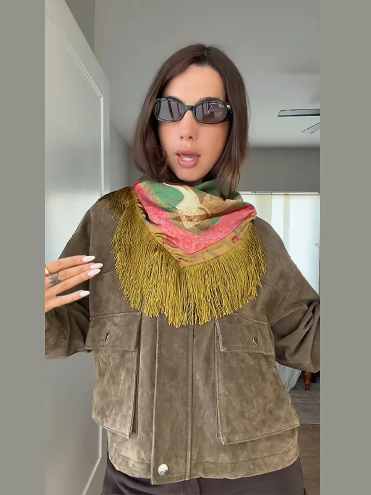 Vintage Tassel Printed Satin Square Scarf Women Fashion Fringe Trim Shawl Accessories 2026 Spring Summer Casual Scarves Shawls