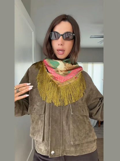 Vintage Tassel Printed Satin Square Scarf Women Fashion Fringe Trim Shawl Accessories 2026 Spring Summer Casual Scarves Shawls