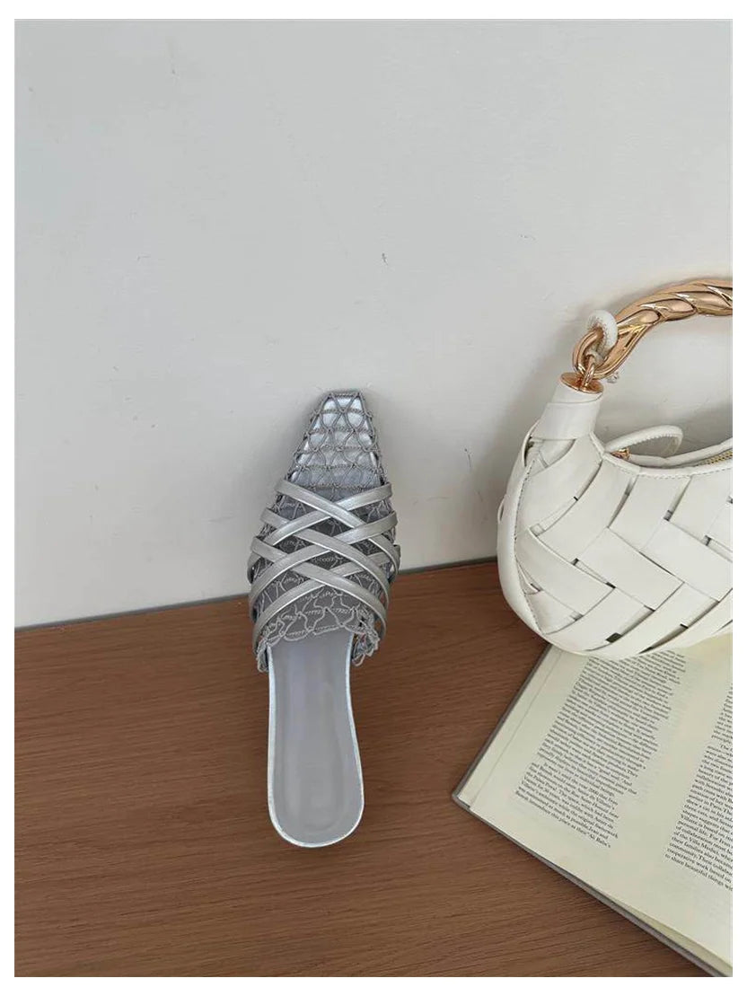 2026 Summer Luxury Fashion Designer Slippers Women Lace Mesh Square Toe Slip On Mule Slippers Low Heel Sandal Casual Shoes Muje