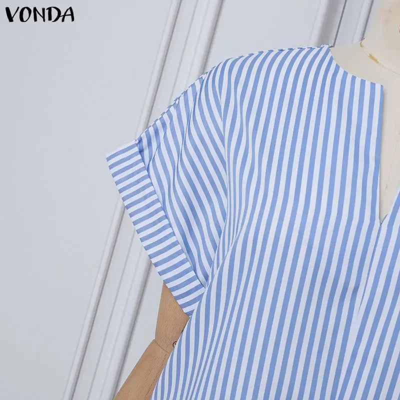 Plus Size VONDA Women Jumpsuits Summer Fashion Short Sleeve Stripe Jumpsuits Wide Leg Pants V Neck OL Party Overalls Playsuits